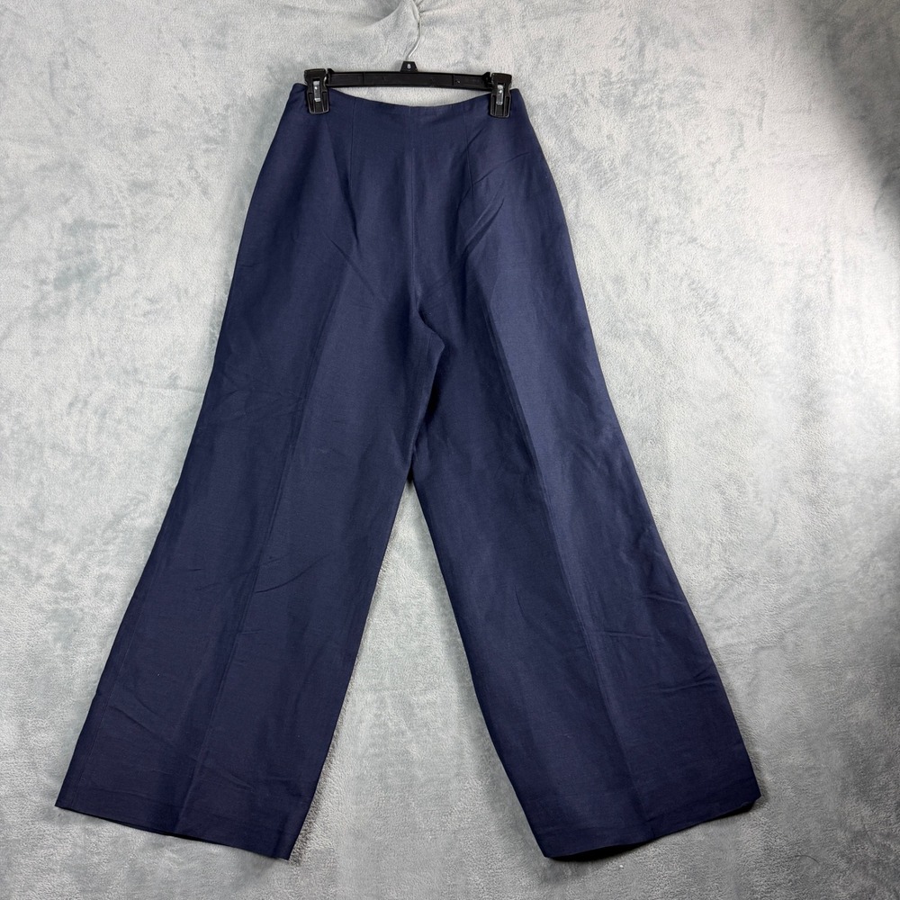 Ann Taylor Womens 6 Navy Blue Wide Leg Linen Blend High Rise Office Siren Pants